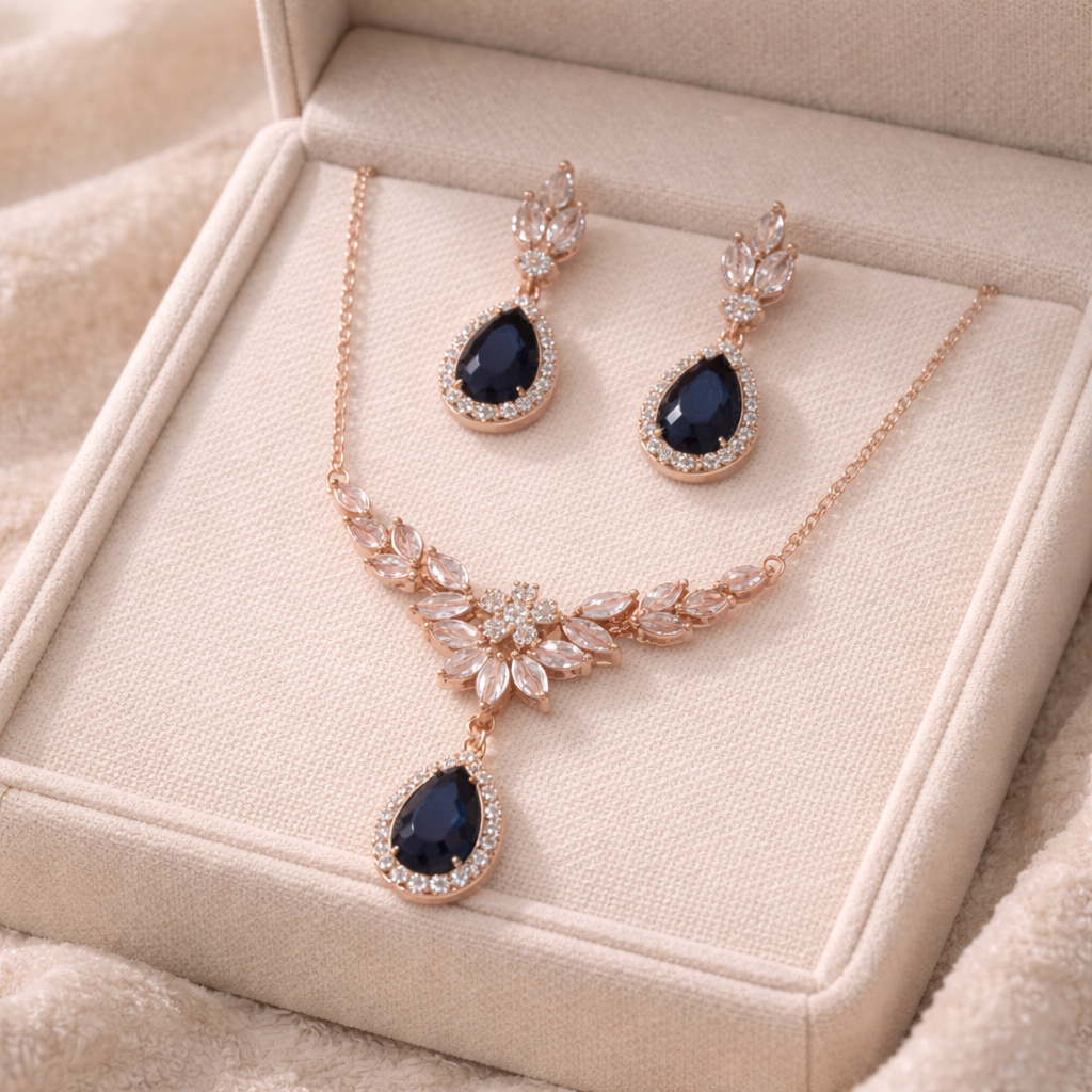 Jewelry set with necklace and earrings on a beige jewelry box
