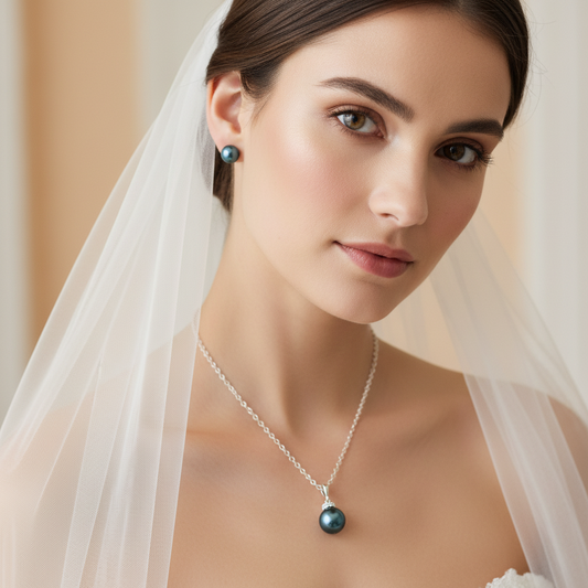 Wedding Bridal Teal Pearl Necklace and Stud Earrings Set