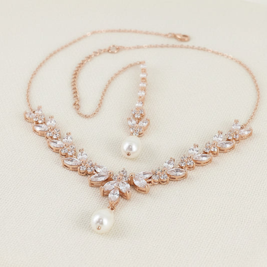 Wedding CZ Rose Gold Plated Statement Backdrop Pearl Necklace