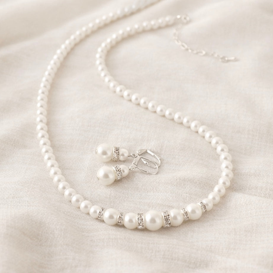 Classic Bridal White Pearl Graduated Necklace Jewelry Set