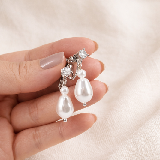 Minimal White Pearl Dangle Clip on Earrings