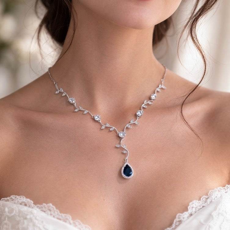Bridal Blue Crystal Vine Necklace Earring Jewelry Set