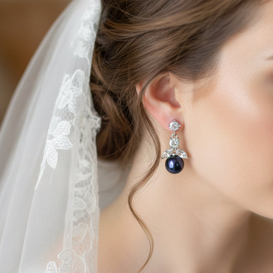 Navy Blue Pearl Bridal Necklace and Earrings Set