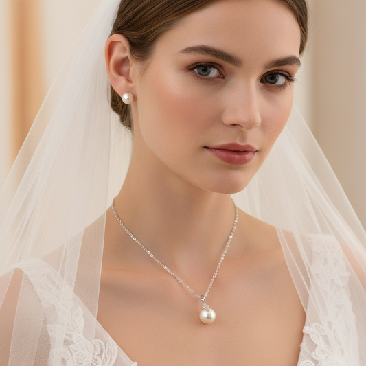 Wedding Bridal Cream Pearl Necklace and Stud Earrings Set