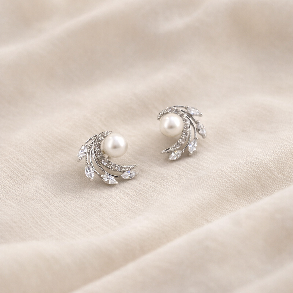 Pearl Leaf Bridal Stud Earrings
