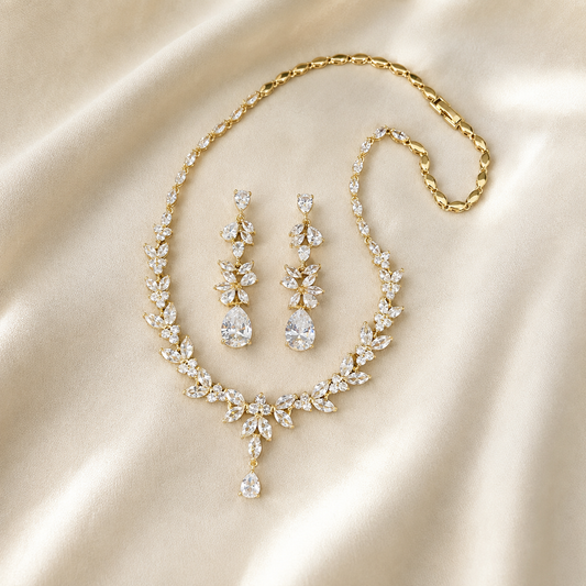 Wedding Bridal 18K Gold Plated Floral Necklace and Earrings Set