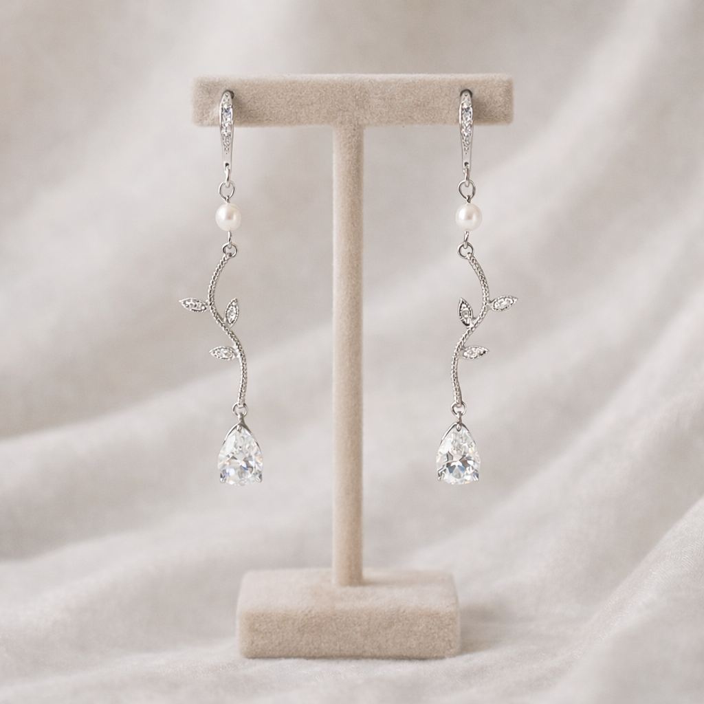 Wedding Crystal Vine Pearl Drop Earrings