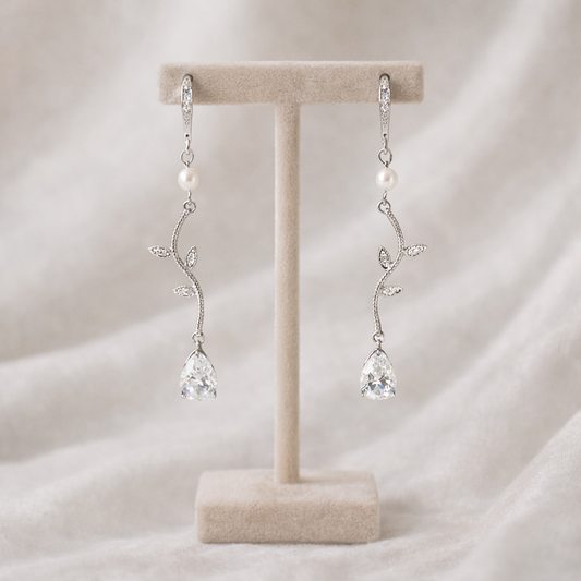 Wedding Crystal Vine Pearl Drop Earrings