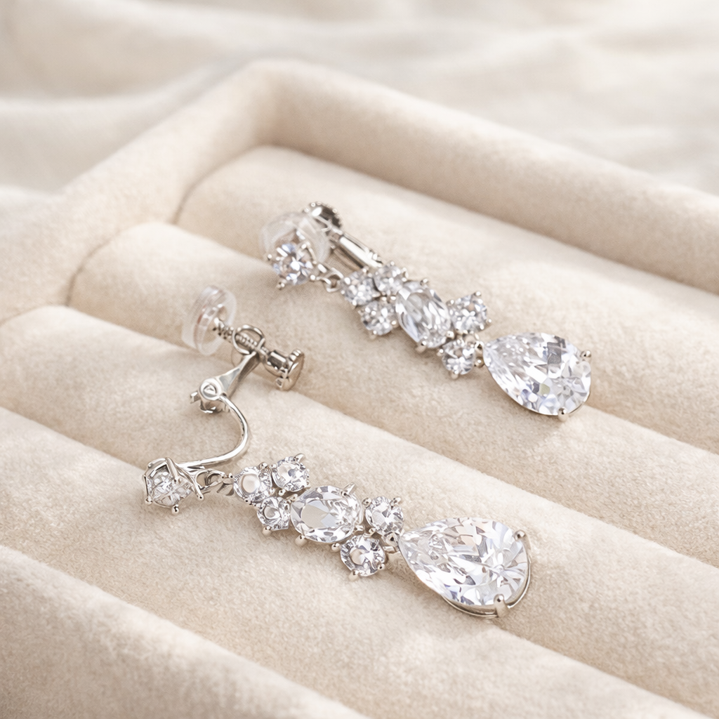 Bridal Teardrop Crystal Drop Clip on Earrings