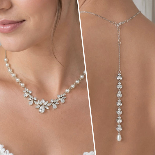 Bridal CZ Floral and Pearl Necklace with Backdrop and Earrings Set