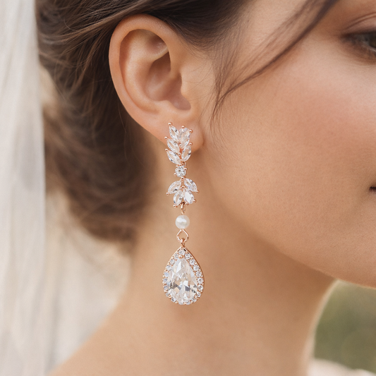 Bridal Rose Gold Teardrop Crystal Drop Earrings Wedding Jewelry