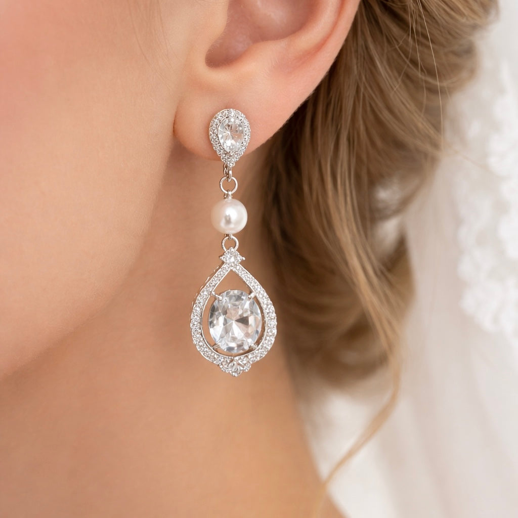 Bridal Teardrop Earrings Crystal Pearl Wedding Jewelry