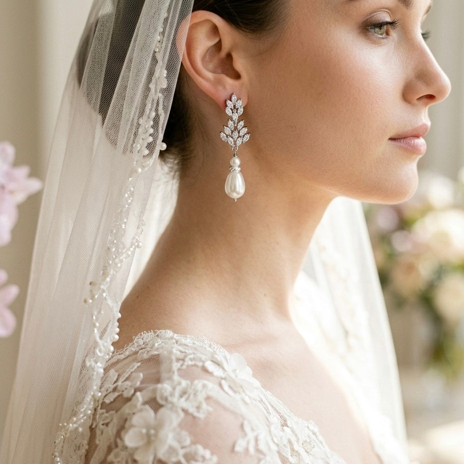 Bridal Floral Crystal and Pearl Clip On Earrings