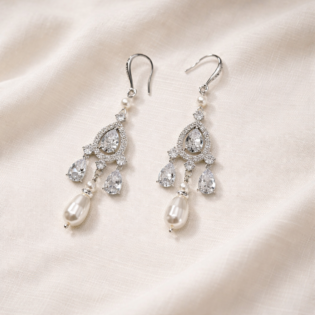 Wedding Bridal Chandelier Earrings with Crystal and Pearl