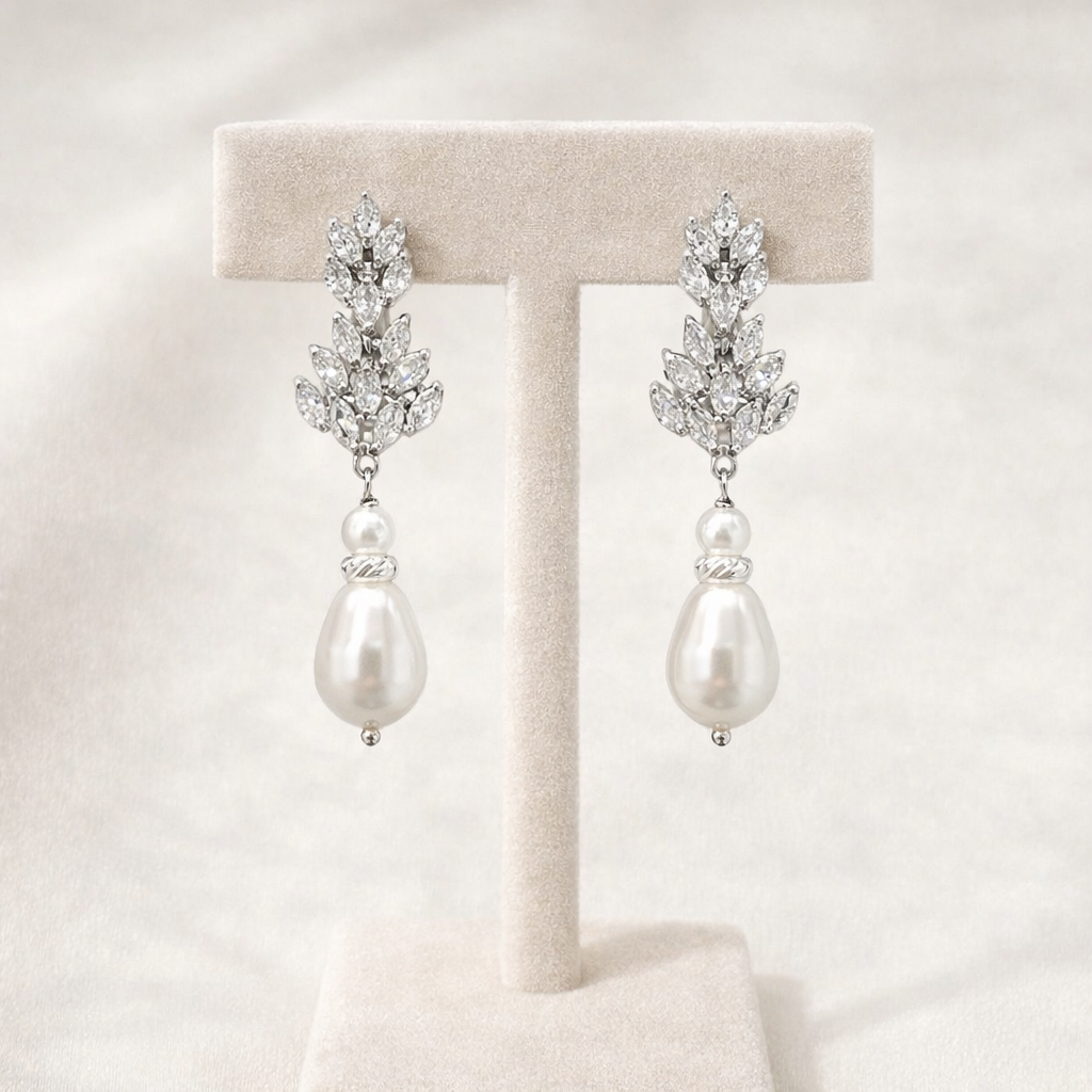 Bridal Floral Crystal and Pearl Clip On Earrings