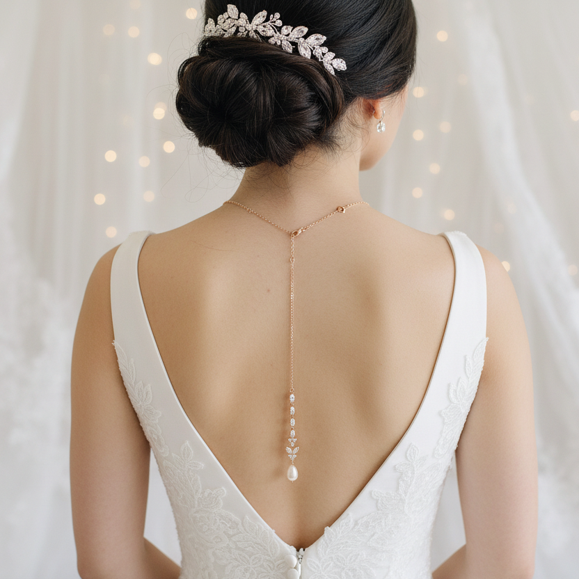 Wedding CZ Rose Gold Plated Statement Backdrop Pearl Necklace
