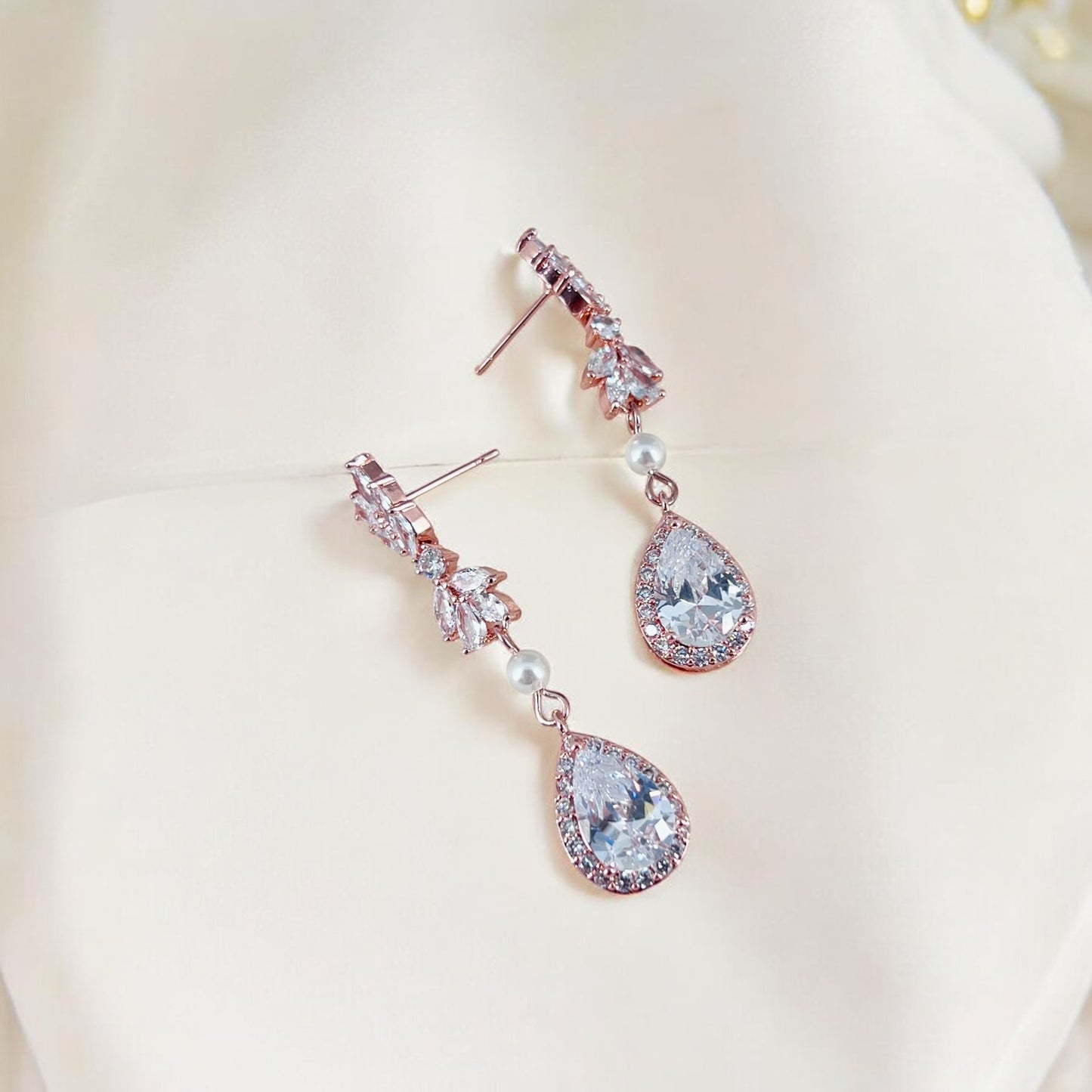 Bridal Rose Gold Clear Teardrop Crystal Drop Earrings Wedding Jewelry