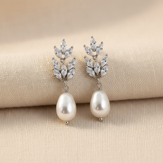 Wedding Bridal Bridesmiads CZ Floral Pear Drop Earrings