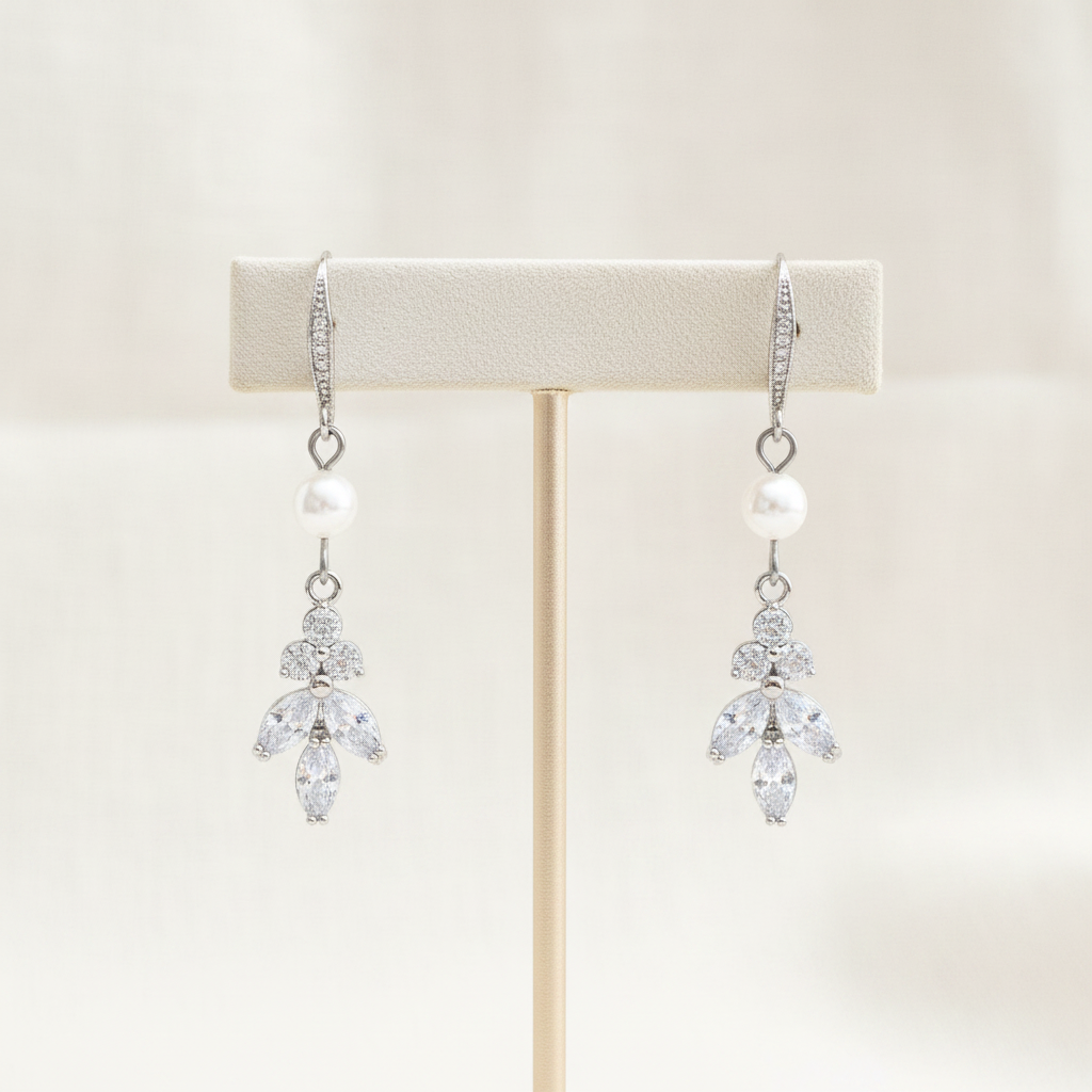 Wedding Bridal Bridesmiads CZ Leaf and Pearl Dangle Earrings