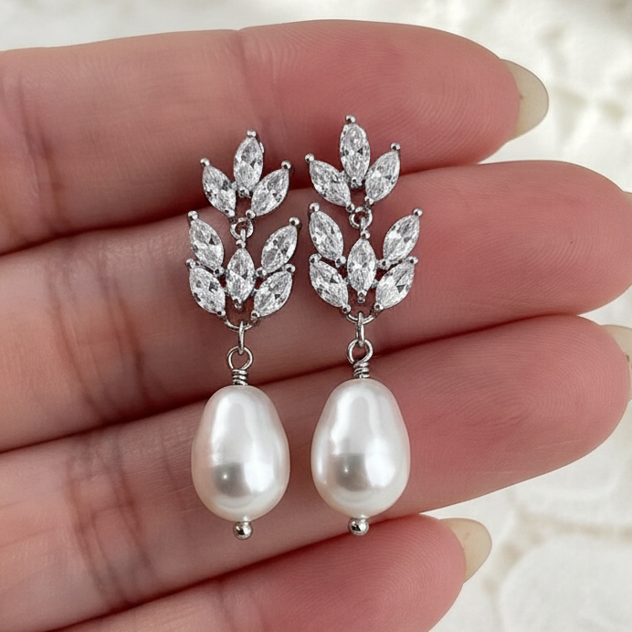 Wedding Bridal Bridesmiads CZ Floral Pear Drop Earrings