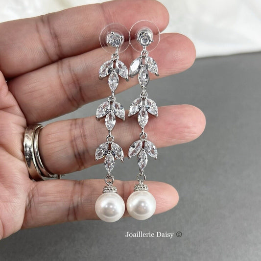 Adalyn CZ Leaf Long Drop 10mm Pearl Earrings