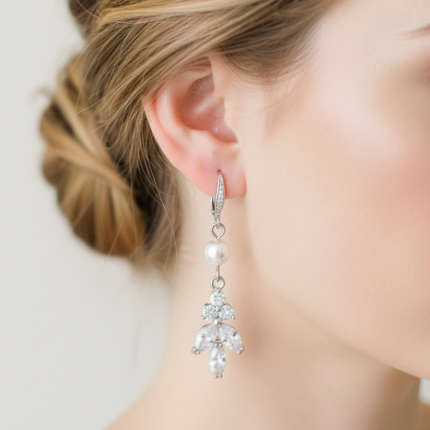 Wedding Bridal Bridesmiads CZ Leaf and Pearl Dangle Earrings