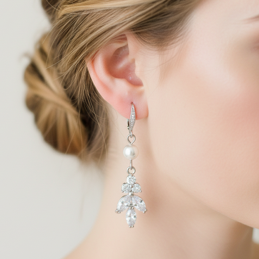 Wedding Bridal Bridesmiads CZ Leaf and Pearl Dangle Earrings