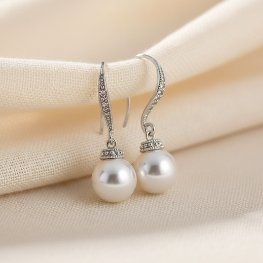 Wedding Bridal Bridesmaids CZ Classic 10mm Pearl Dangle Earrings
