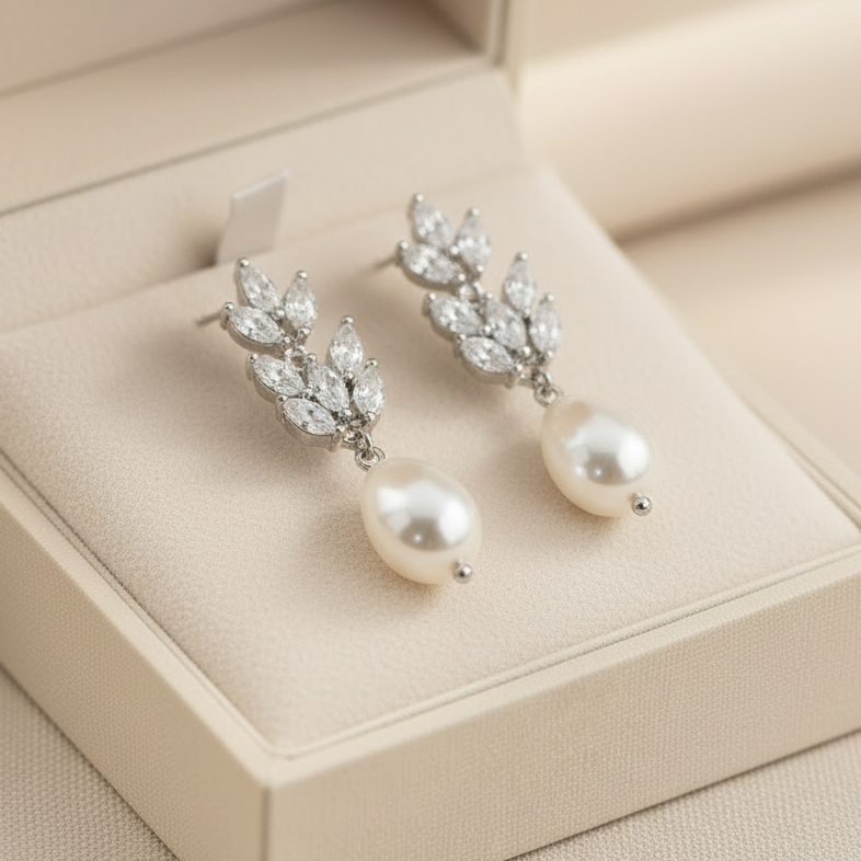 Wedding Bridal Bridesmiads CZ Floral Pear Drop Earrings