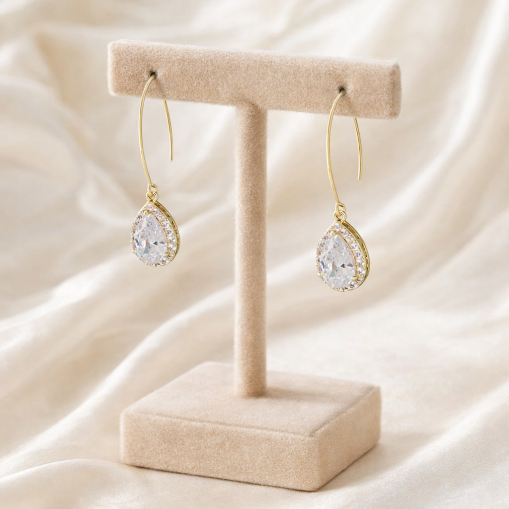 Clear Teardrop CZ Drop Earrings Gold Or Silver Bridal Earrings