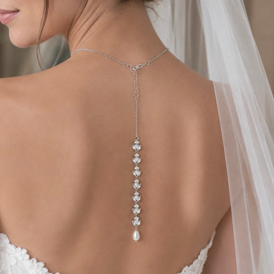 Bridal CZ Floral and Pearl Necklace with Backdrop and Earrings Set