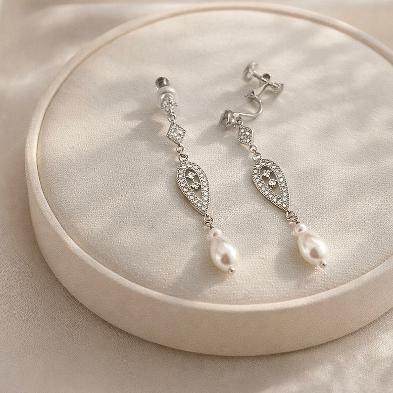 Bridal Crystal Pearl Long Clip On Earrings
