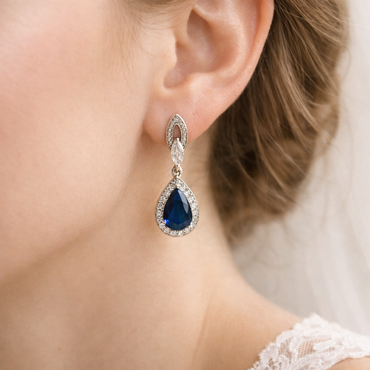 Something Blue Bridal Sapphire Teardrop Crystal Earrings