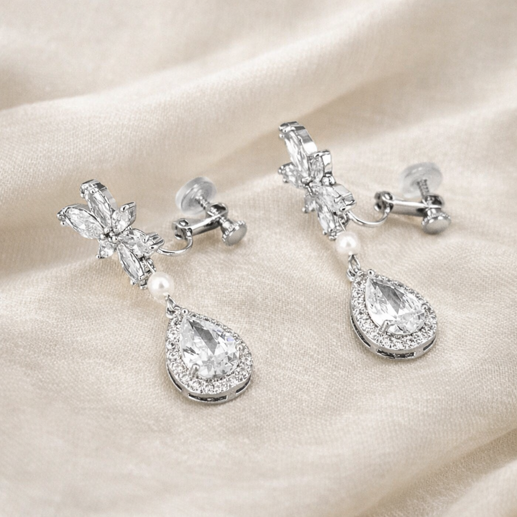 Bridal Teardrop Clip On Crystal Wedding Earrings Pearl Jewelry