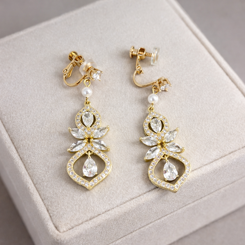 Bridal Marquise Crystal Pearl Clip-On Earrings Wedding Jewelry
