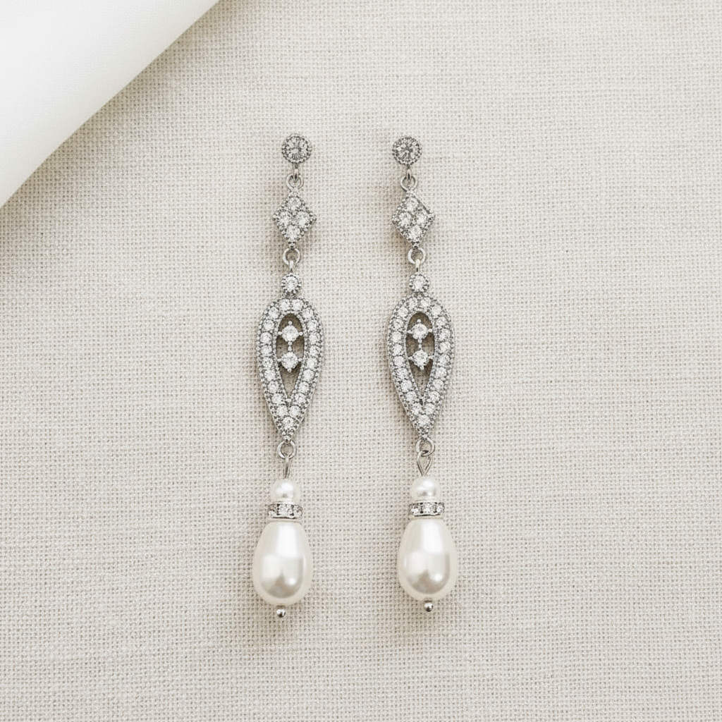 Wedding Bridal Vintage Style CZ Pearl Earrings