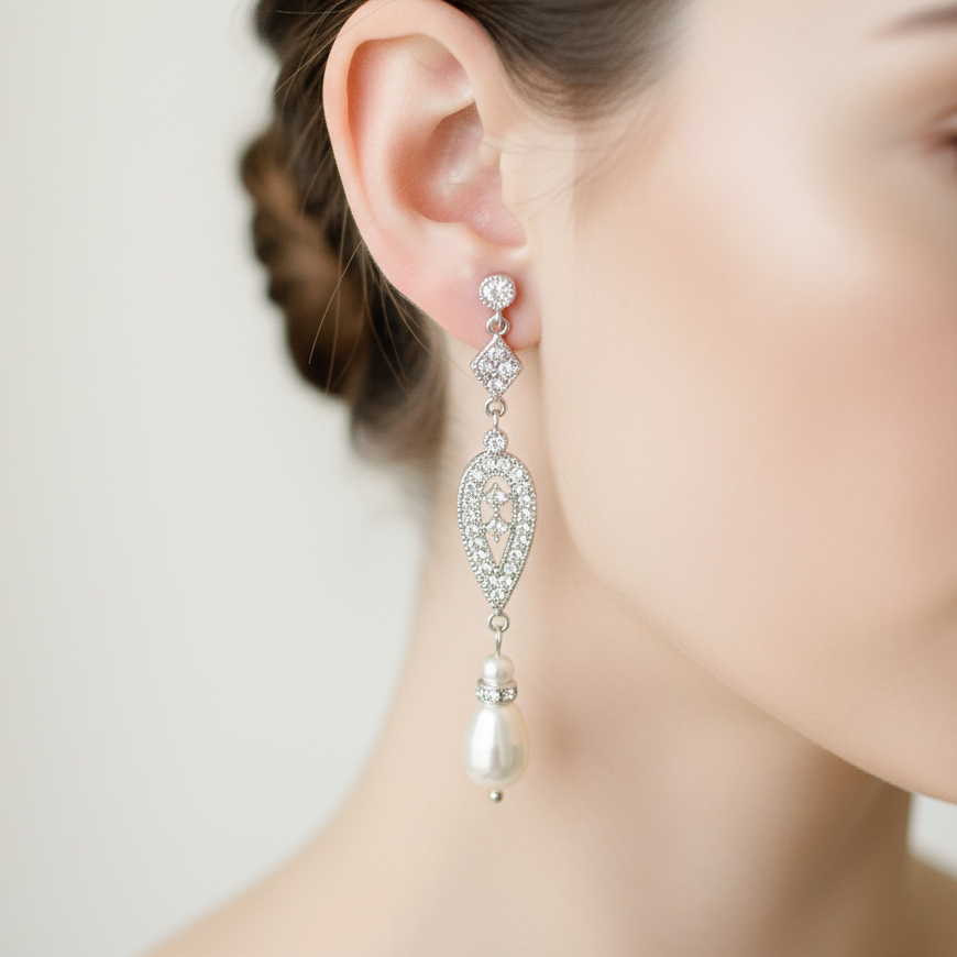 Wedding Bridal Vintage Style CZ Pearl Earrings