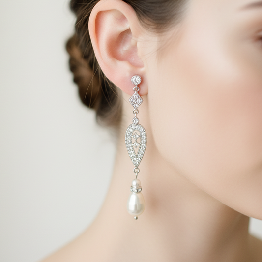 Wedding Bridal Vintage Style CZ Pearl Earrings