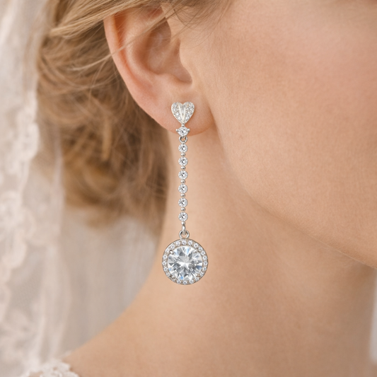 Bridal Long Round Drop Crystal Earrings