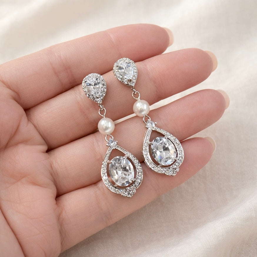 Bridal Teardrop Earrings Crystal Pearl Wedding Jewelry