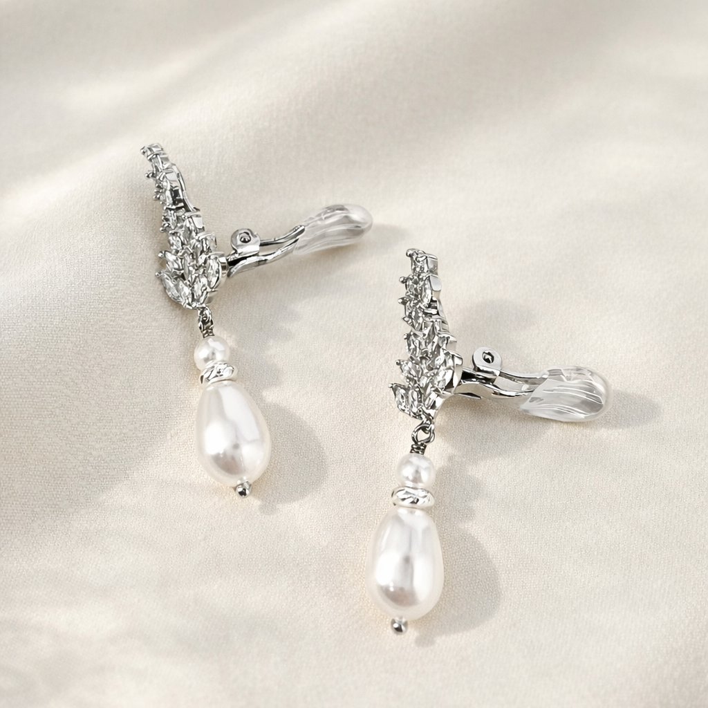 Bridal Floral Crystal and Pearl Clip On Earrings