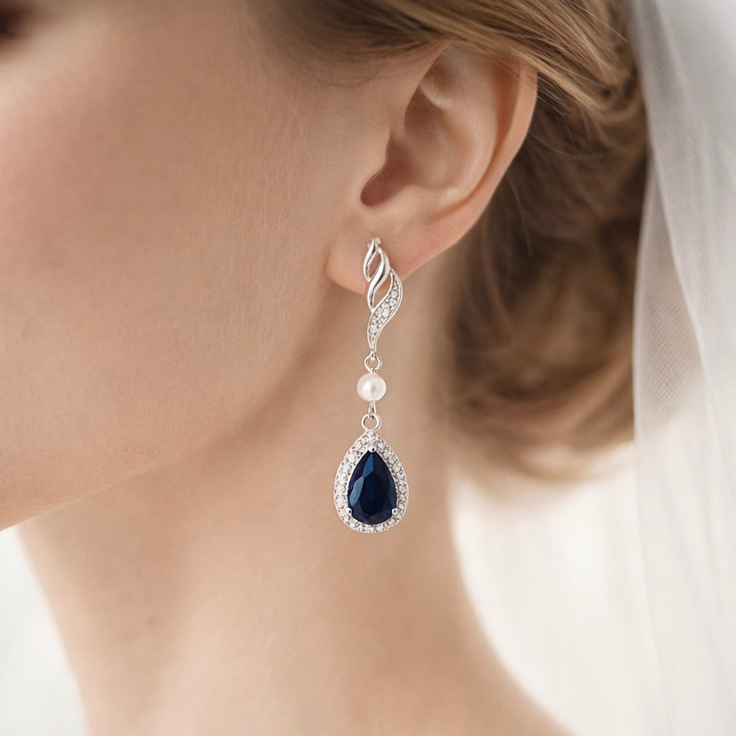 Wedding Sapphire Blue Teardrop Bridal Earrings Set