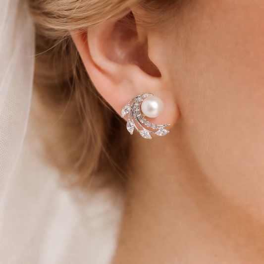 Pearl Leaf Bridal Stud Earrings