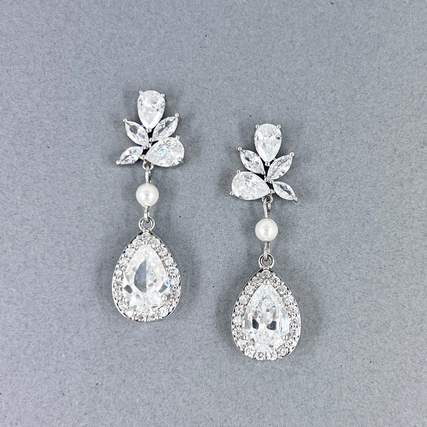 Wedding Bridal SIlver Floral CZ Teardrop Earrings