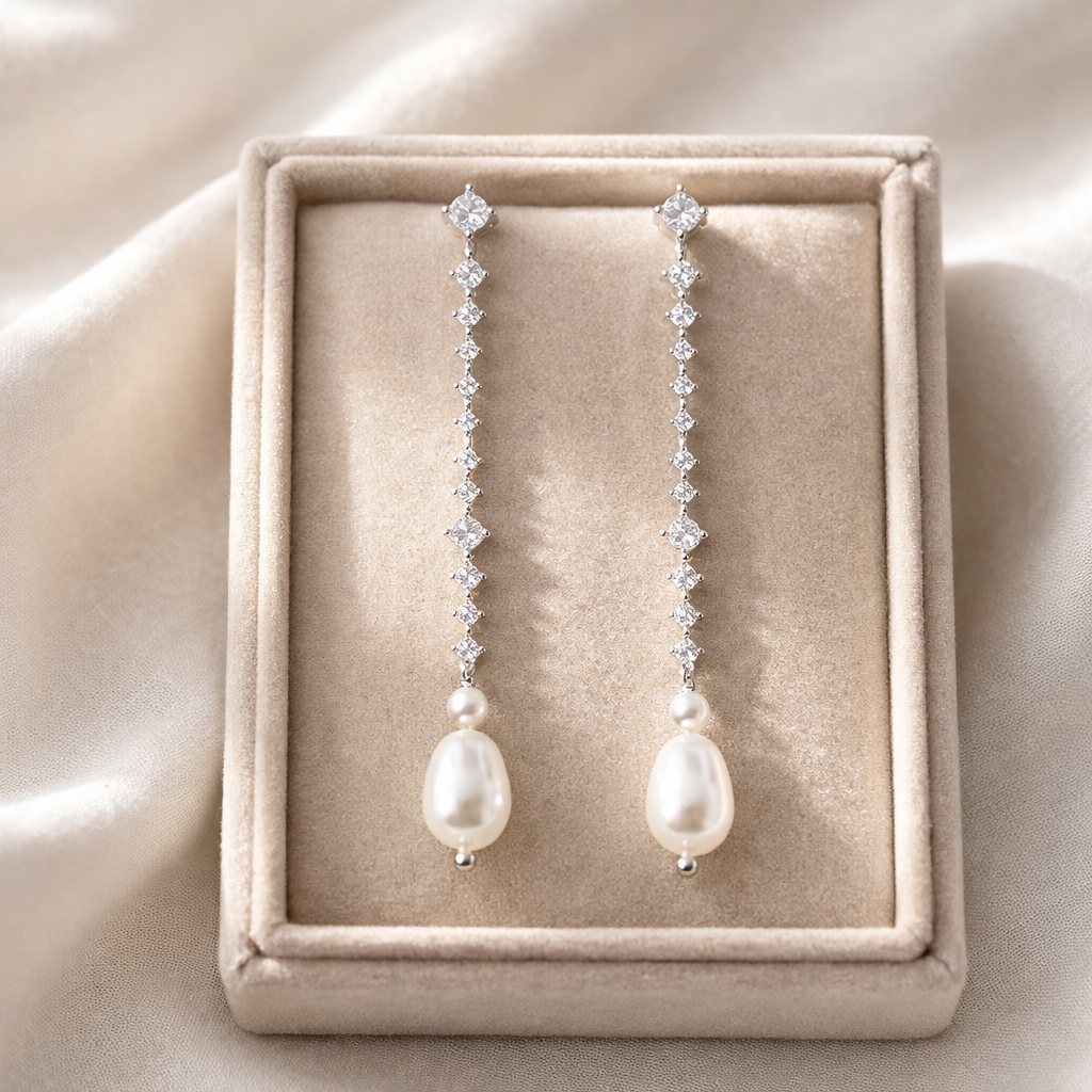 Wedding Minimal Crystal Linear Pearl Drop Earrings