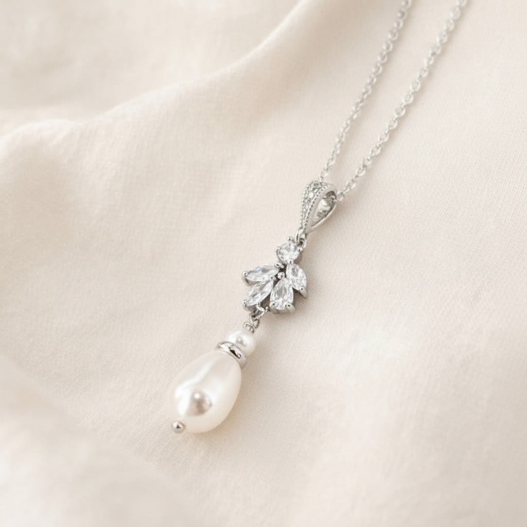 Bridal Leaf Crystal and Pearl Drop Silver Earrings