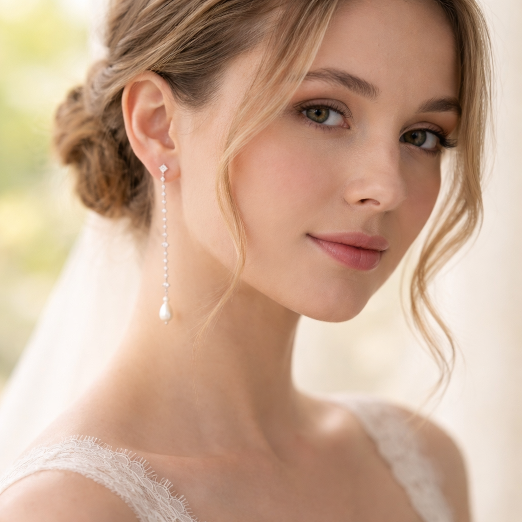 Wedding Minimal Crystal Linear Pearl Drop Earrings