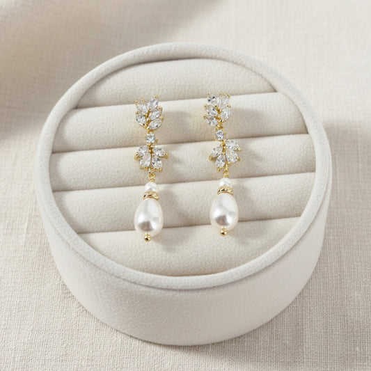 Bridal Leaf Crystal and Pearl Drop Gold Earrings