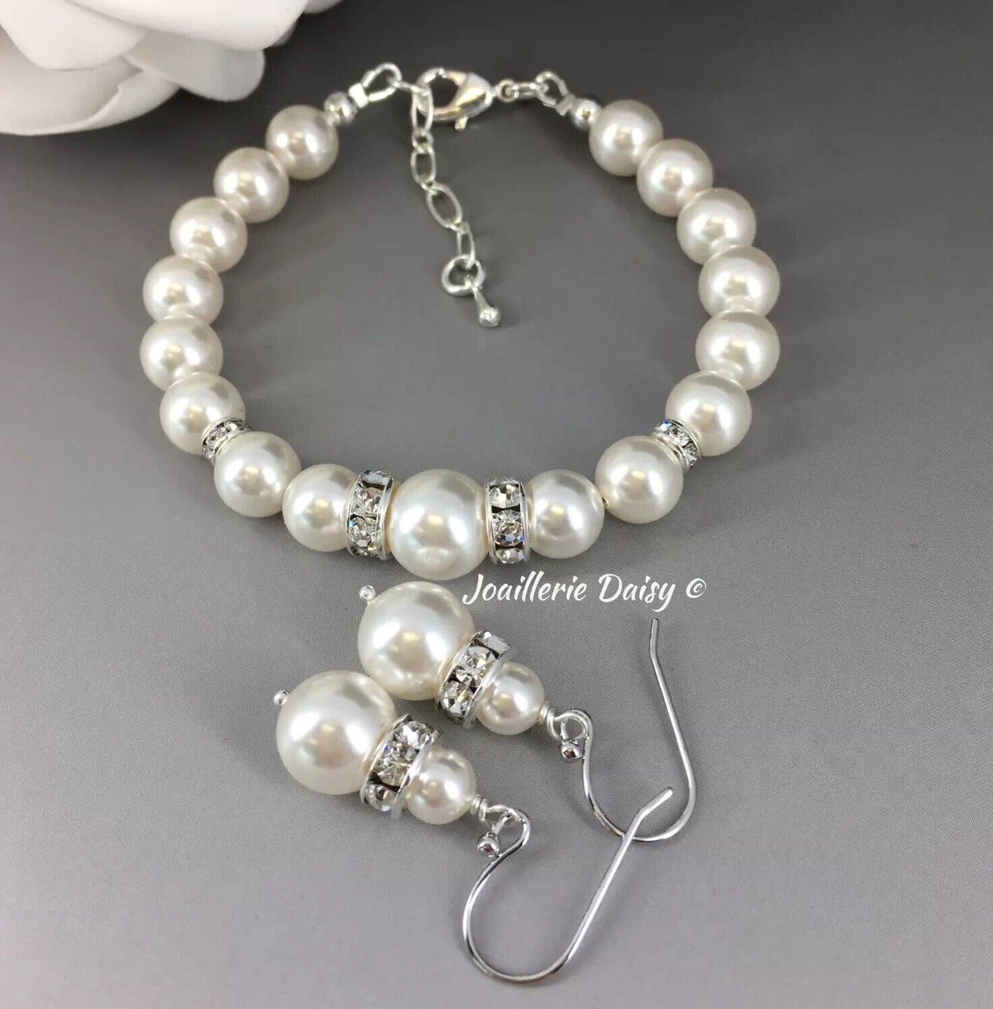 Edrieana White Austrian Crystal Pearl Bracelet Earrings Set