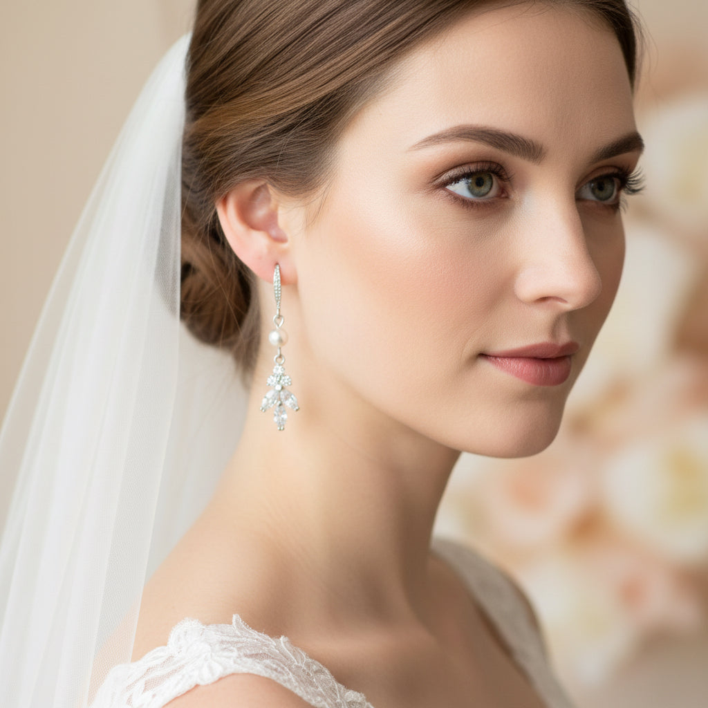 Bridal Crystal Floral and Pearl Necklace Earrings Set